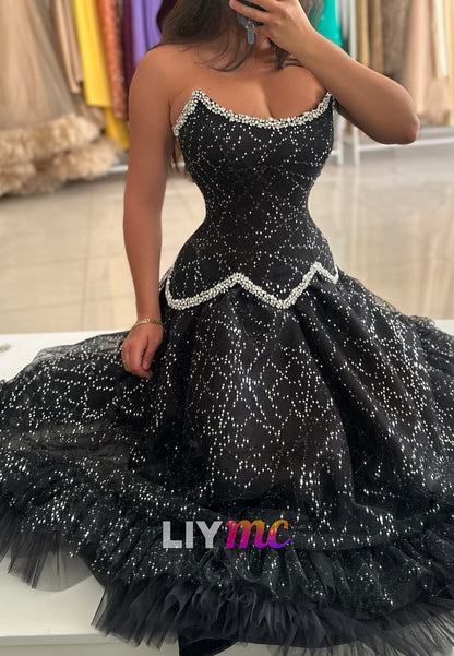 Off-Shoulder Sleeveless Tulle Sparkly A-Line Prom Dress