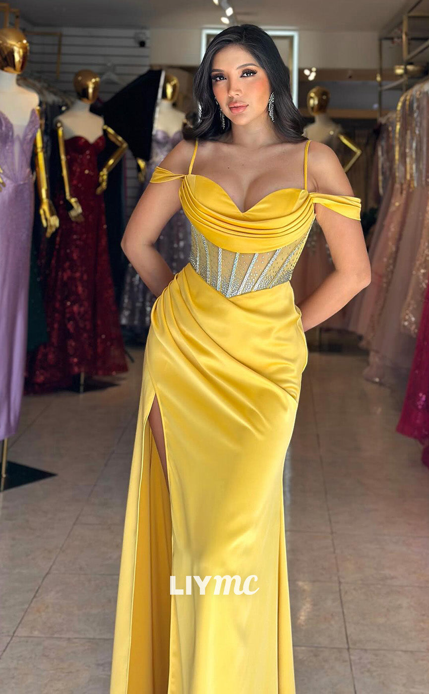 LP1830 - Off-Shoulder Spaghetti Straps Pleated Satin High Slit Sexy Prom Dress