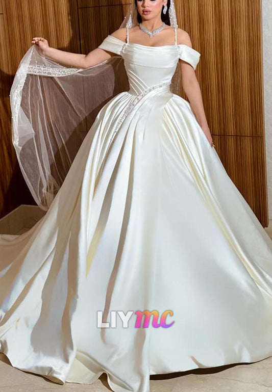 Off-Shoulder Spaghetti Straps Satin A-Line Wedding Dress