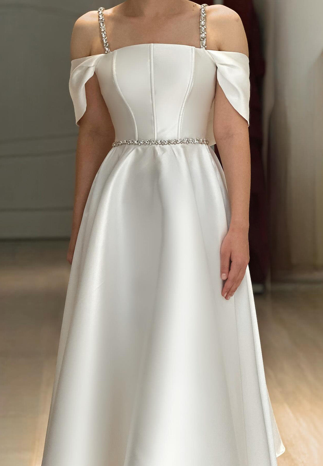 Off-Shoulder Spaghetti Straps Sleek A-Line Satin Midi Wedding Dress