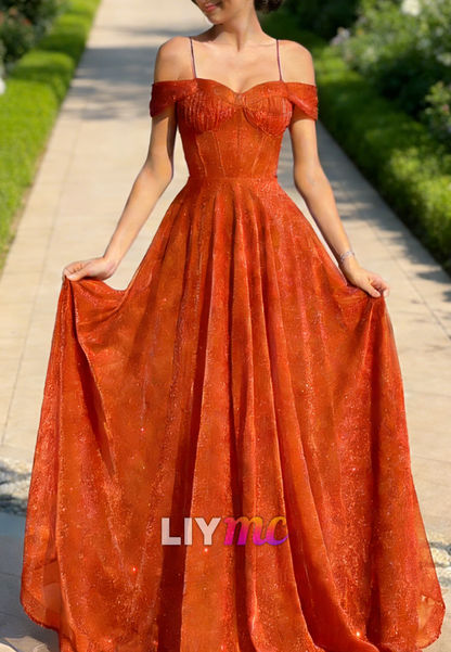 Off-Shoulder Spaghetti Straps Sparkly A-Line Prom Dress