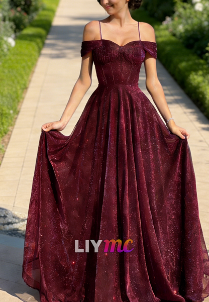 Off-Shoulder Spaghetti Straps Sparkly A-Line Prom Dress