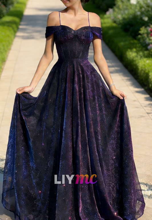 Off-Shoulder Spaghetti Straps Sparkly A-Line Prom Dress