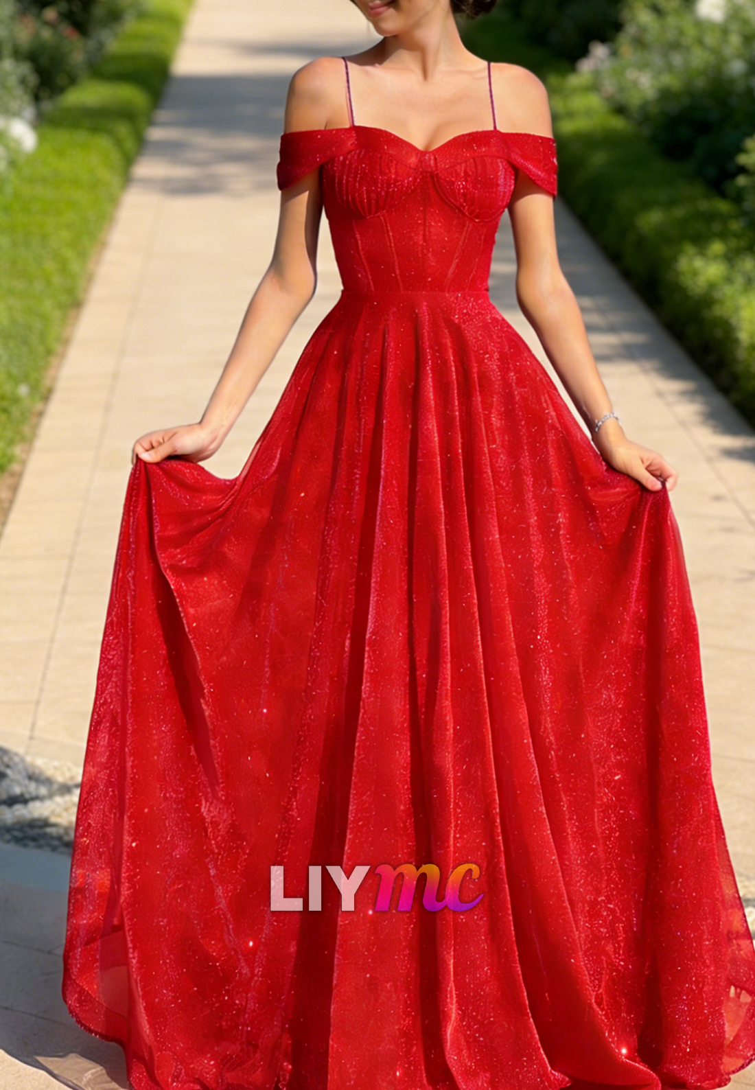 Off-Shoulder Spaghetti Straps Sparkly A-Line Prom Dress