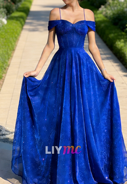 Off-Shoulder Spaghetti Straps Sparkly A-Line Prom Dress