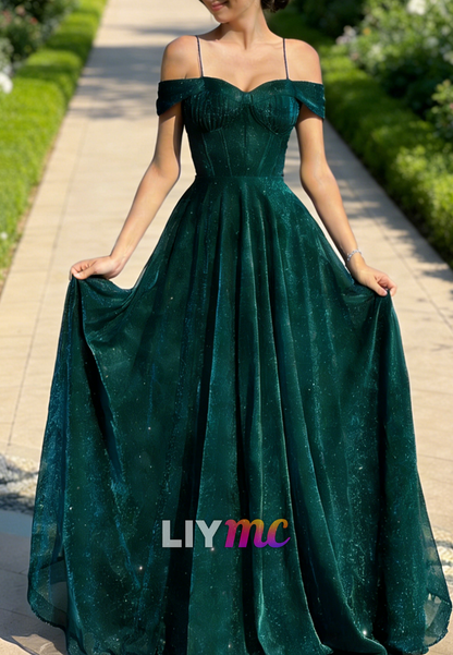 Off-Shoulder Spaghetti Straps Sparkly A-Line Prom Dress
