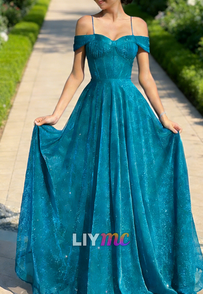 Off-Shoulder Spaghetti Straps Sparkly A-Line Prom Dress