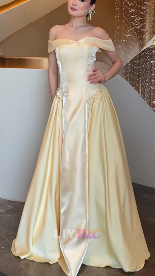 Off-Shoulder Sparkly A-Line Yellow Prom Dress
