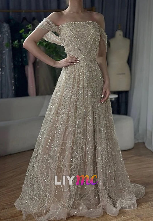 Off-Shoulder Sparkly Beaded Embroidery A-Line Prom Dress