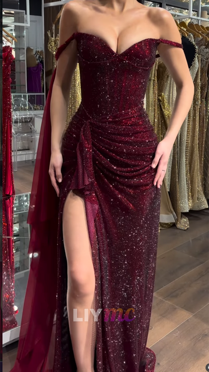 Off-Shoulder Sparkly Side Slit Sheath Prom Dress