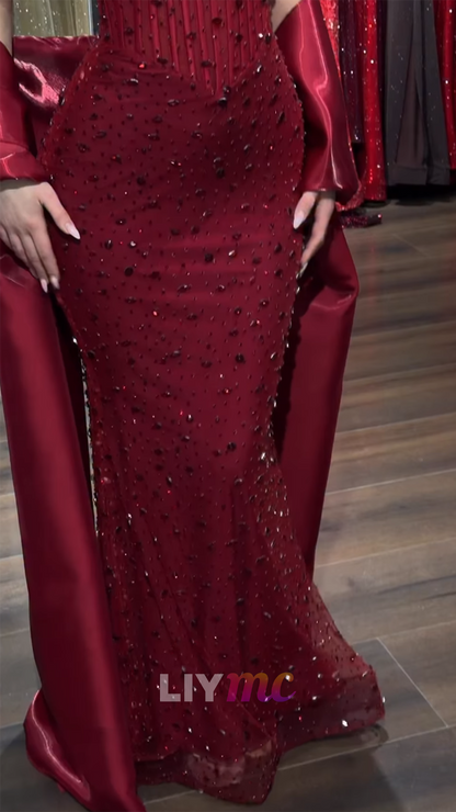 Off-Shoulder Sparkly Side Slit Sheath Prom Dress
