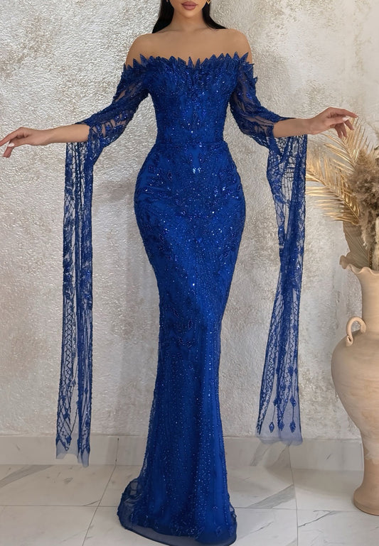 Off-Shoulder Sequins Beaded Long Sleeves Mermaid Evening Dress