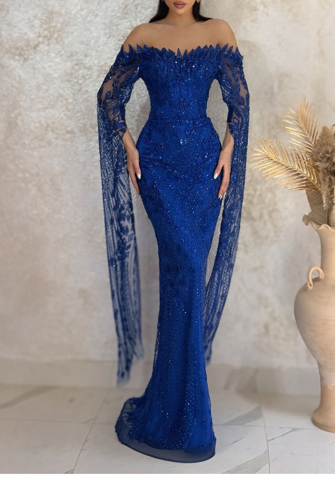 Off-Shoulder Sequins Beaded Long Sleeves Mermaid Evening Dress