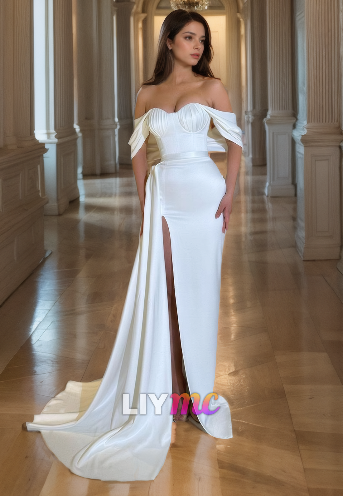 Off-Shoulder Straples Sleek Side Slit White Prom Formal Dress