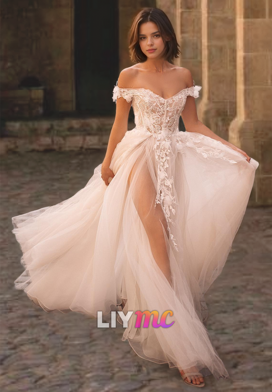 Off-Shoulder Strapless Appliques Appliques Tulle A-Line Wedding Dress