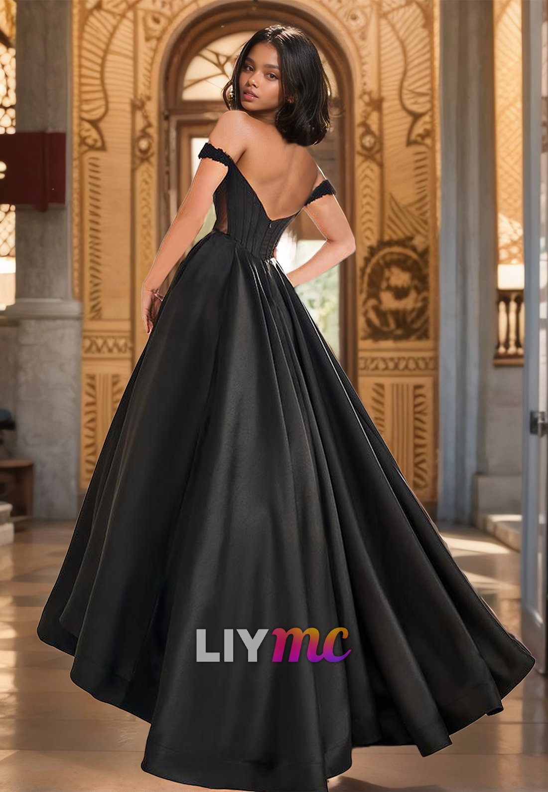 Off-Shoulder Strapless Appliques Corset Beaded Pleated Satin A-Line Prom Dress