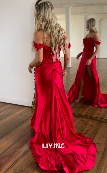 LP1410 - Off-Shoulder Strapless Appliques High Slit Draped Stin Sexy Prom Dress