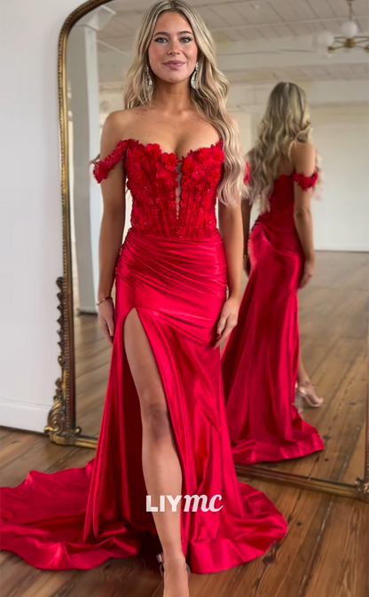 LP1410 - Off-Shoulder Strapless Appliques High Slit Draped Stin Sexy Prom Dress