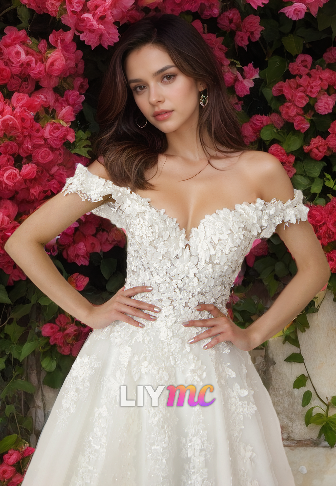 Off-Shoulder Strapless Appliques Pleated A-Line Wedding Dress