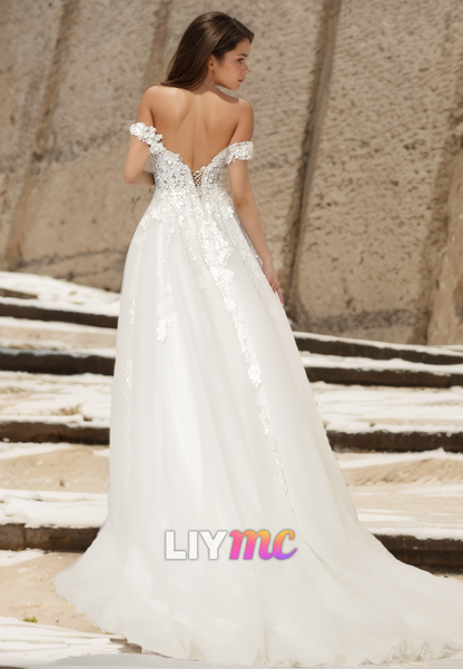 Off-Shoulder Strapless Appliques Pleated A-Line Wedding Dress