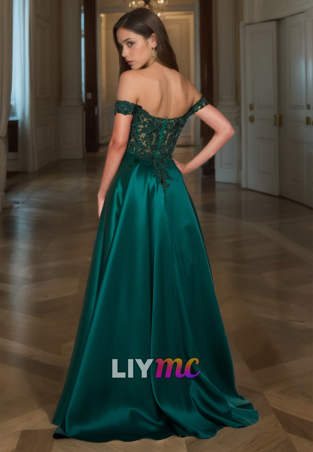 Off-Shoulder Strapless Appliques Pleated Satin A-Line Prom Dress