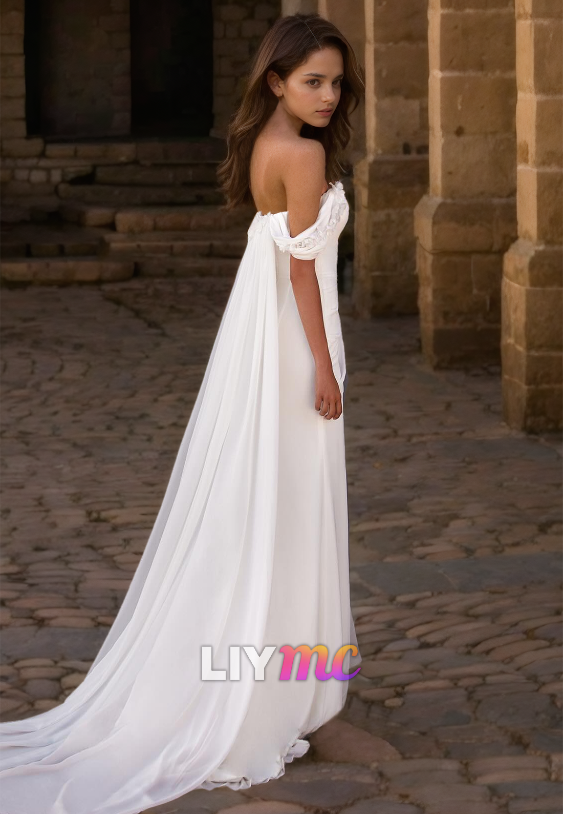 Off-Shoulder Strapless Appliques Ruched Side Slit Sheath Wedding Dress