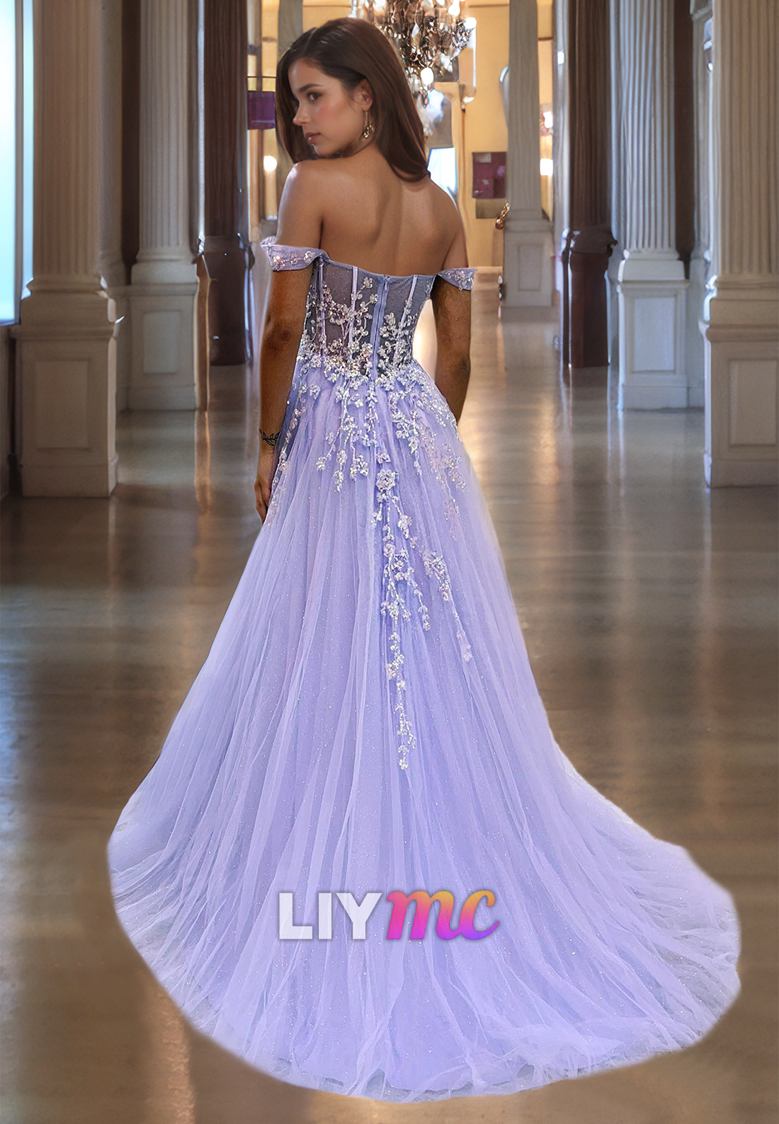 Off-Shoulder Strapless Appliques Sheer Tulle A-Line Prom Dress