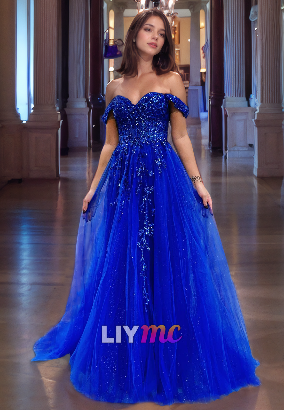 Off-Shoulder Strapless Appliques Sheer Tulle A-Line Prom Dress