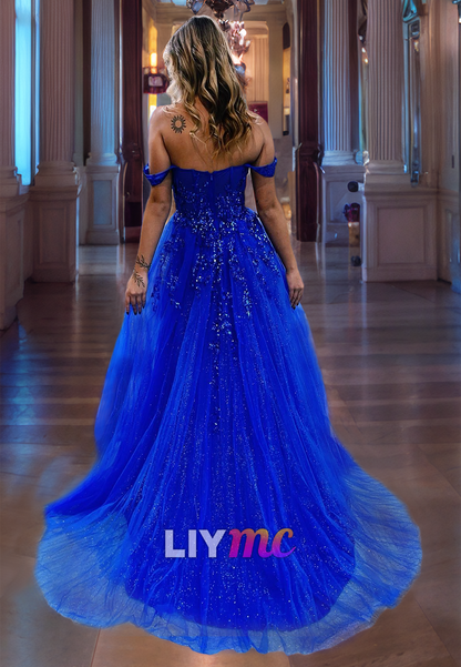 Off-Shoulder Strapless Appliques Sheer Tulle A-Line Prom Dress