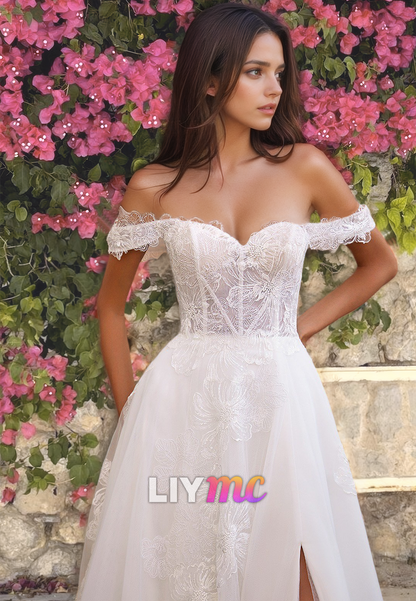 Off-Shoulder Strapless Appliques Side Slit A-Line Wedding Dress