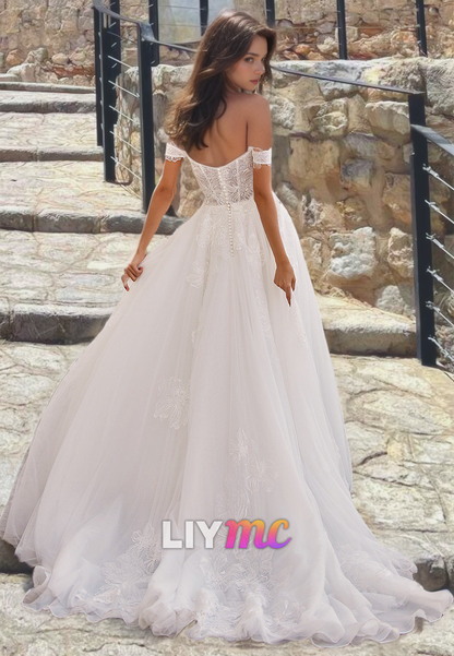 Off-Shoulder Strapless Appliques Side Slit A-Line Wedding Dress