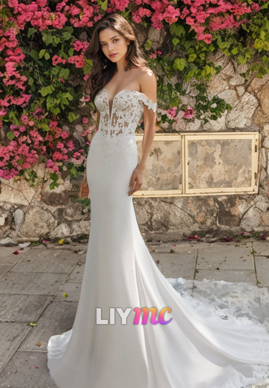 Off-Shoulder Strapless Appliques Sleek Mermaid Wedding Dress