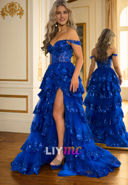 LP2293 - Off-Shoulder Strapless Appliques Tiered A-Line High Slit Prom Dress