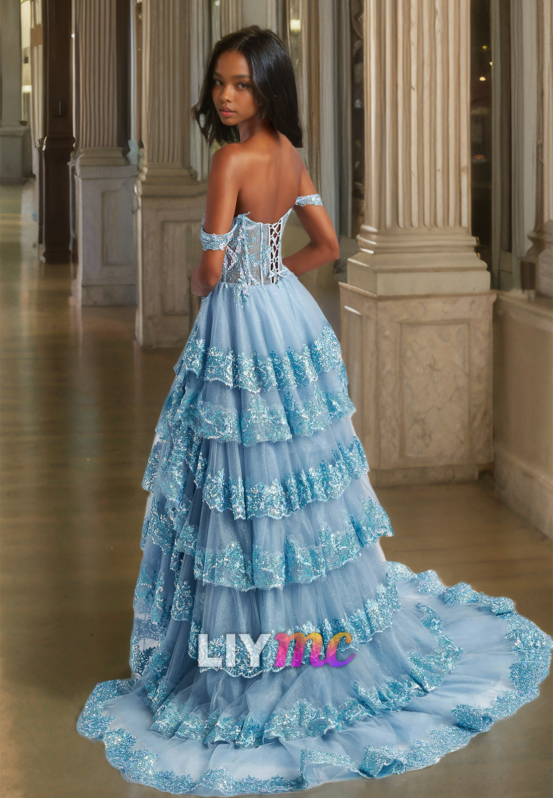 Off-Shoulder Strapless Appliques Tiered A-Line Prom Dress