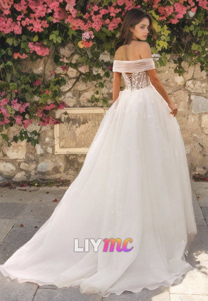 Off-Shoulder Strapless Appliques Tulle A-Line Wedding Dress