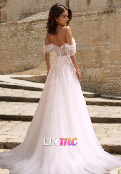 Off-Shoulder Strapless Appliques Tulle A-Line Wedding Dress