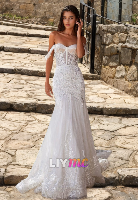 Off-Shoulder Strapless Appliques Tulle Mermaid Wedding Dress