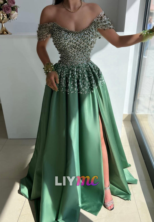 LP2279 - Off-Shoulder Strapless Beaded Appliques Pleated A-Line Prom Dress