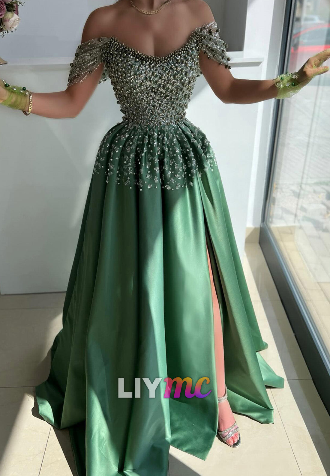 LP2279 - Off-Shoulder Strapless Beaded Appliques Pleated A-Line Prom Dress