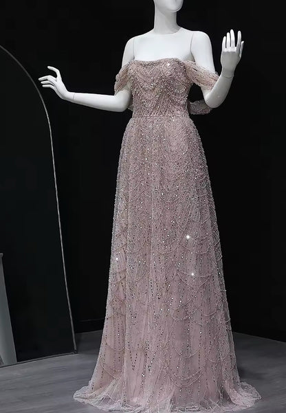 Off-Shoulder Strapless Beaded Embroidery A-Line Sparkly Prom Dress