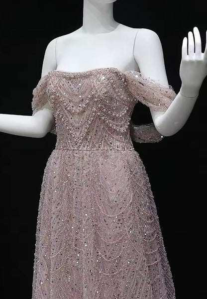 Off-Shoulder Strapless Beaded Embroidery A-Line Sparkly Prom Dress