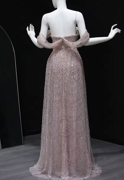 Off-Shoulder Strapless Beaded Embroidery A-Line Sparkly Prom Dress