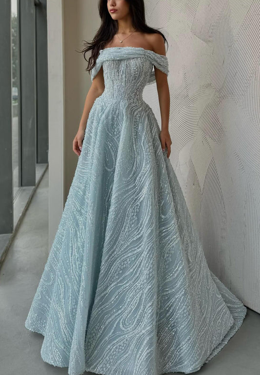 Off-Shoulder Strapless Beaded Embroidery Sparkly Prom Dresss