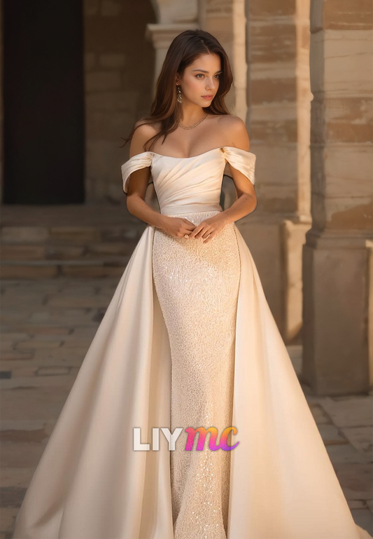 Off-Shoulder Strapless Beaded Mermaid Removable Train Wedding Dress