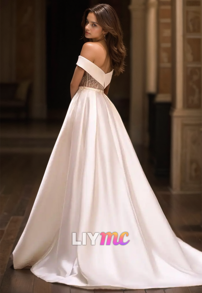 Off-Shoulder Strapless Beaded Pleated Satin A-Line Wedding Dress