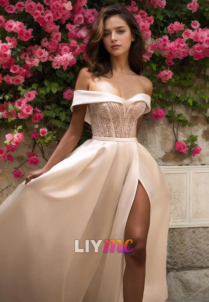 Off-Shoulder Strapless Beaded Pleated Satin A-Line Wedding Dress