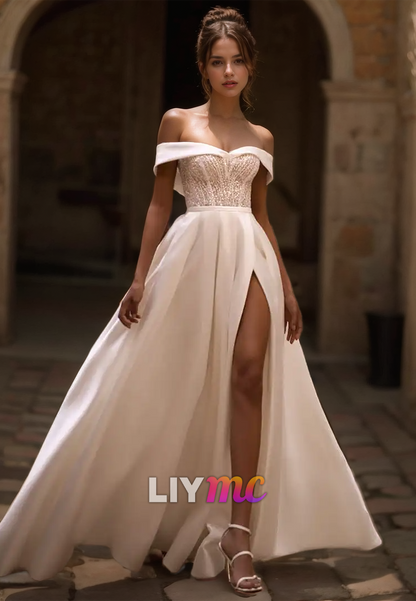 Off-Shoulder Strapless Beaded Pleated Satin A-Line Wedding Dress