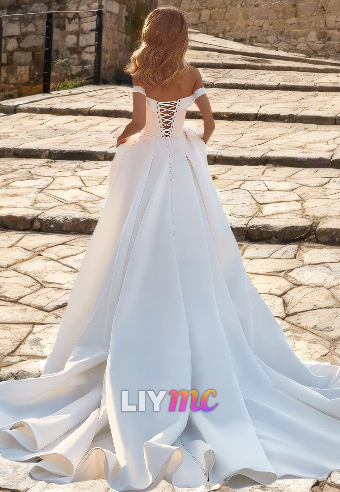 Off-Shoulder Strapless Beaded Pleated Sleek Satin A-Line Wedding Dress