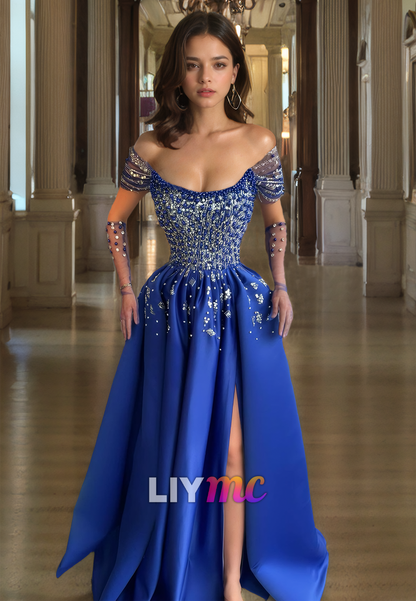 Off-Shoulder Strapless Beaded Pleated Sparkly A-Line Prom Dress