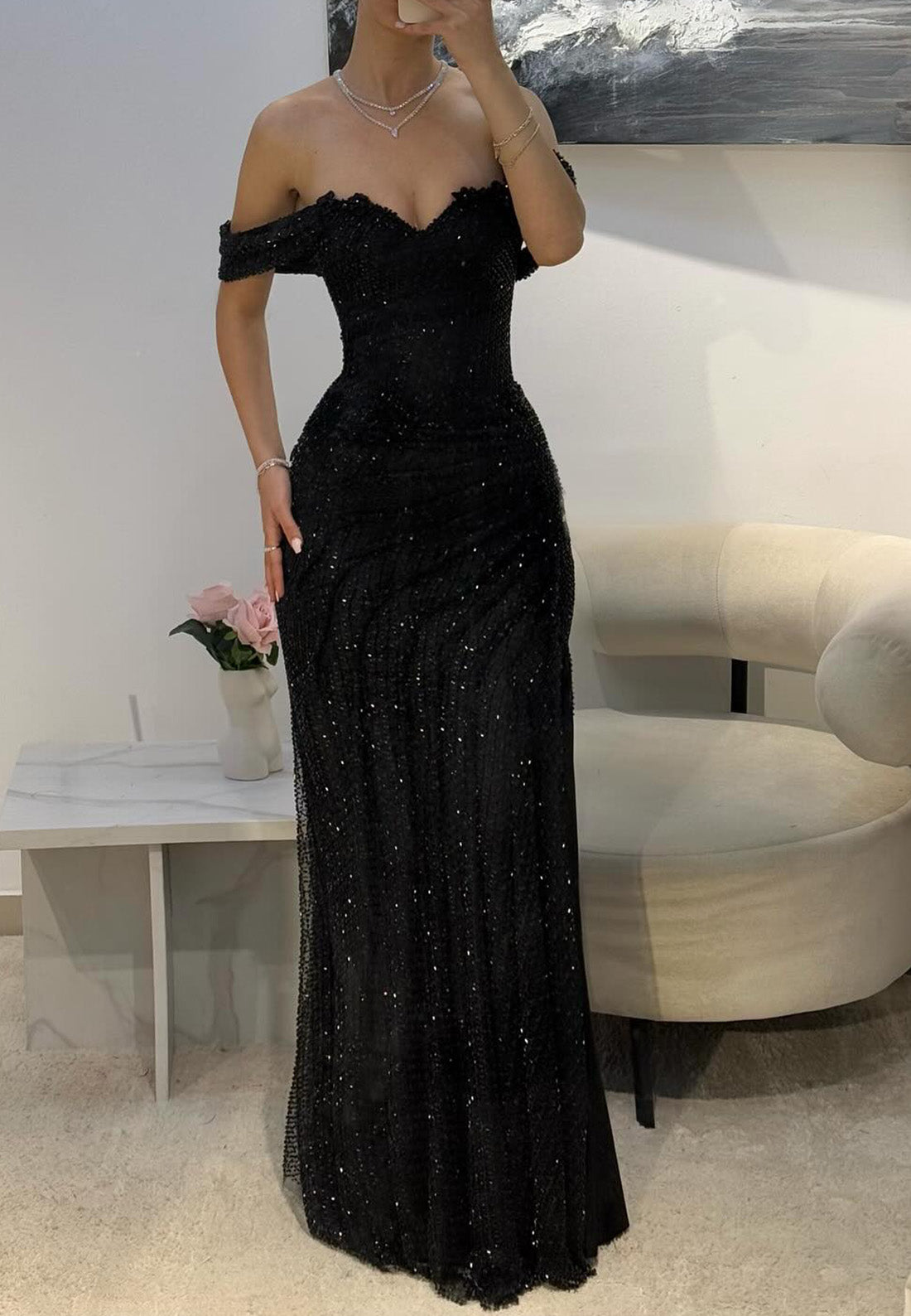 Off-Shoulder Strapless Beaded Sparkly Sheath Prom Dress